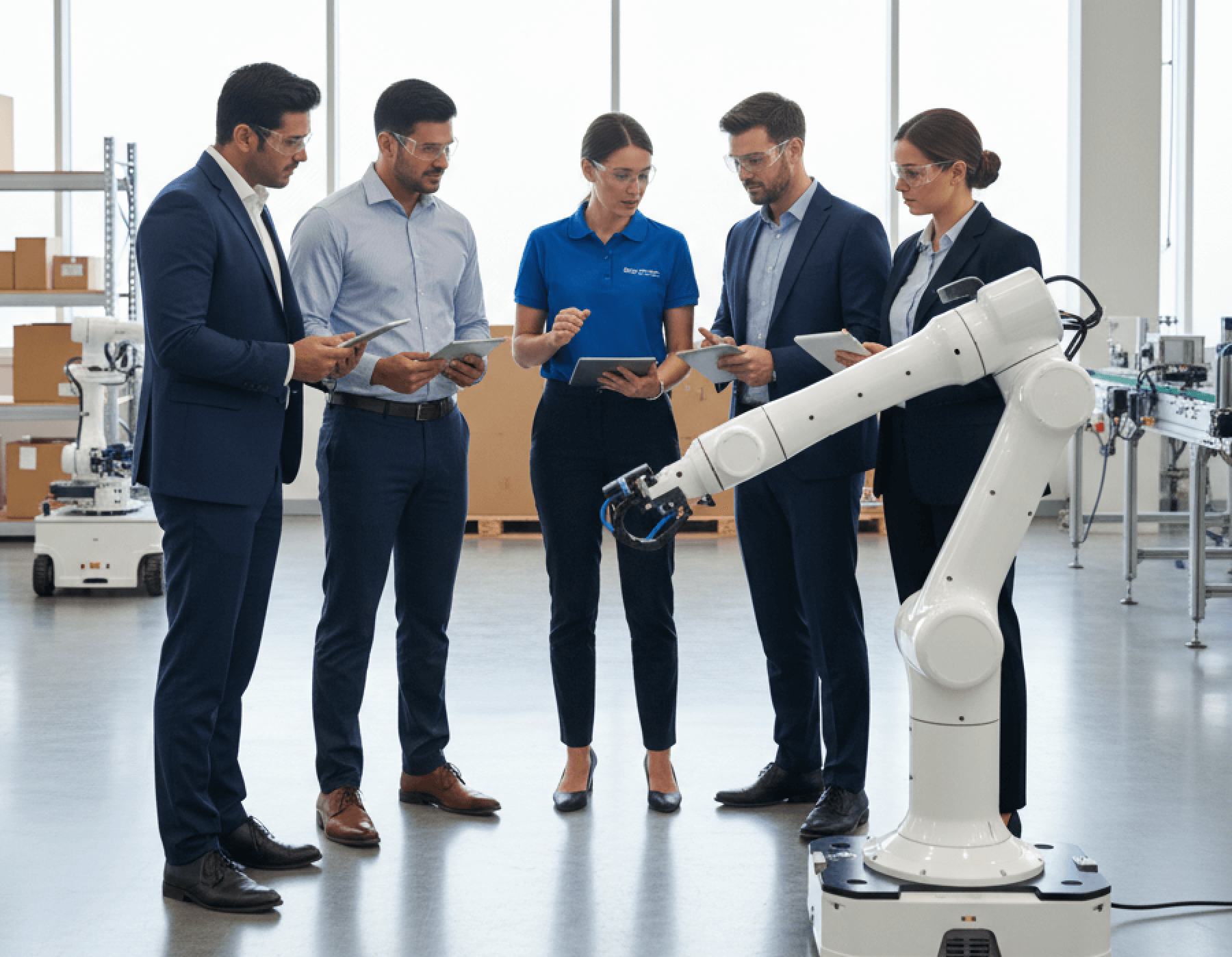 Professionals in a company robotics workshop