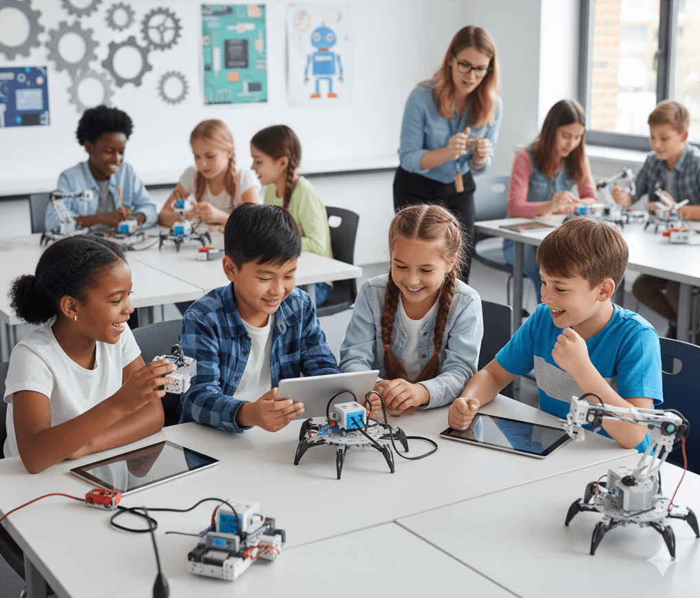 Children in a school robotics workshop